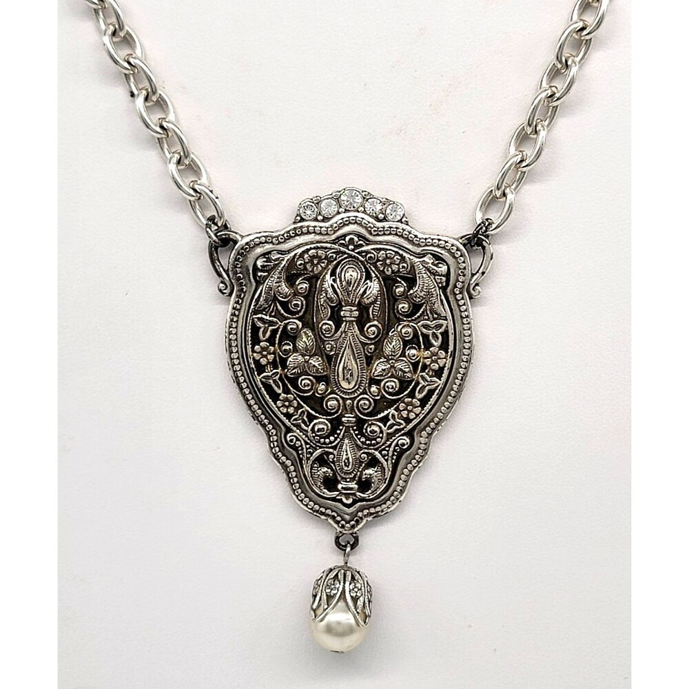 Brighton Devotion Necklace Swarovski Crystals Silver Plate Pearl Drop Love Quote